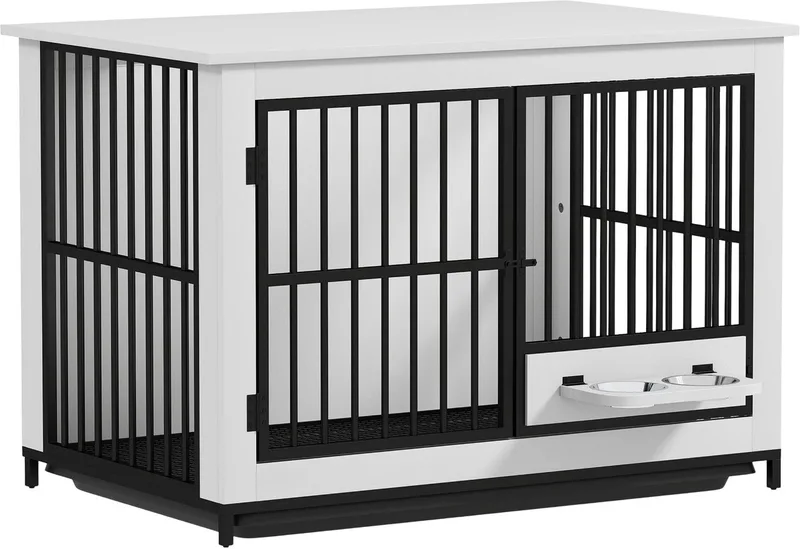 Hondenbench voor Binnen – Afsluitbare Hondenkooi met Draaibare Voerbakken – Wit de Happiq – photo produit