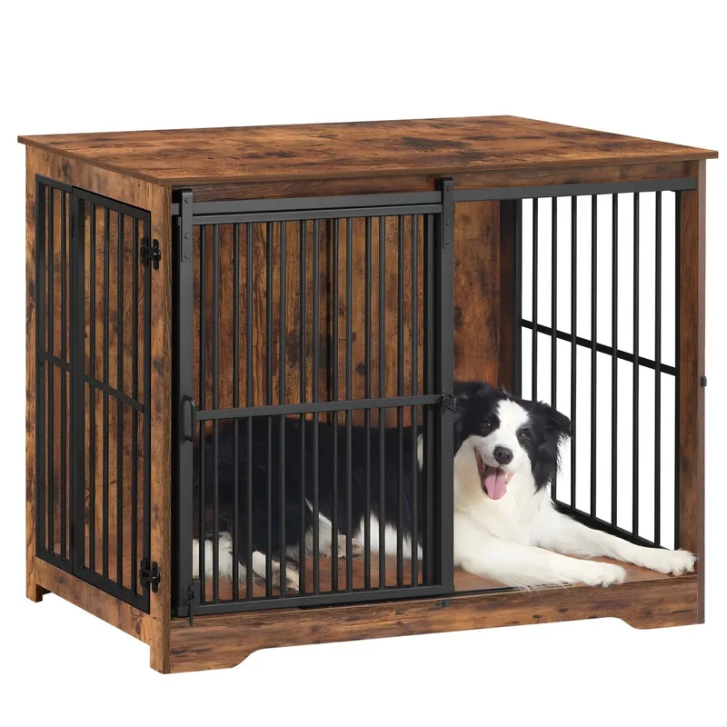 Hondenbench – Voor Binnen – Moderne Hondenbox met 2 Deuren, Versterkte Schuifdeur en Bijzettafel, Geschikt voor Honden tot 100 kg – Vintage Bruin by Happiq – product photo
