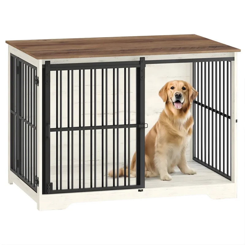 Hondenbench – Voor Binnen – Moderne Hondenbox met 2 Deuren, Versterkte Schuifdeur en Bijzettafel, Geschikt voor Honden tot 100 kg – Wit/Bruin by Happiq in White – product photo