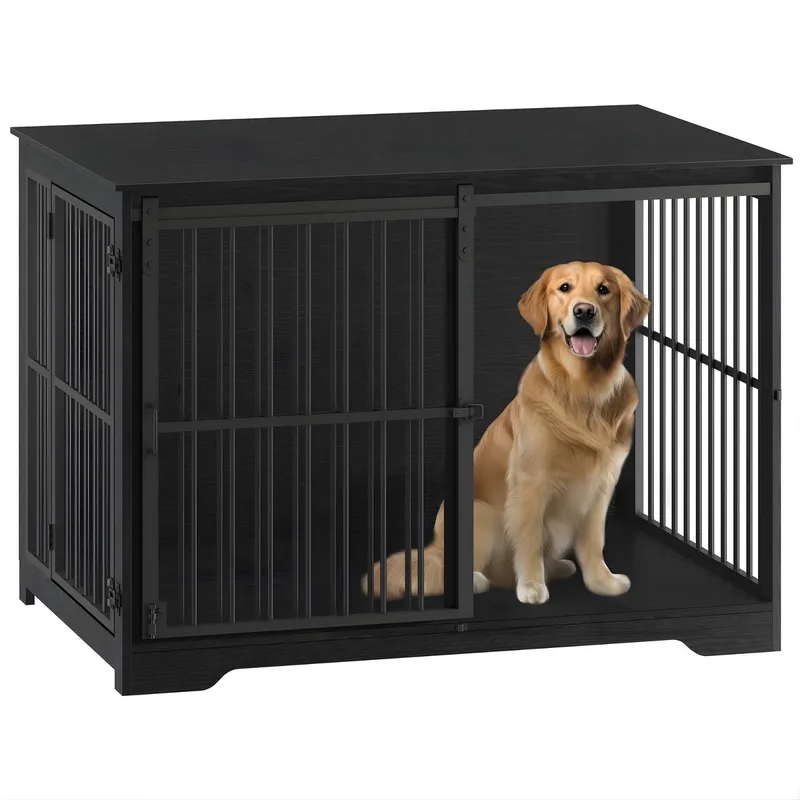 Hondenbench – Voor Binnen – Moderne Hondenbox met 2 Deuren, Versterkte Schuifdeur en Bijzettafel, Geschikt voor Honden tot 100 kg by Happiq in Black – product photo