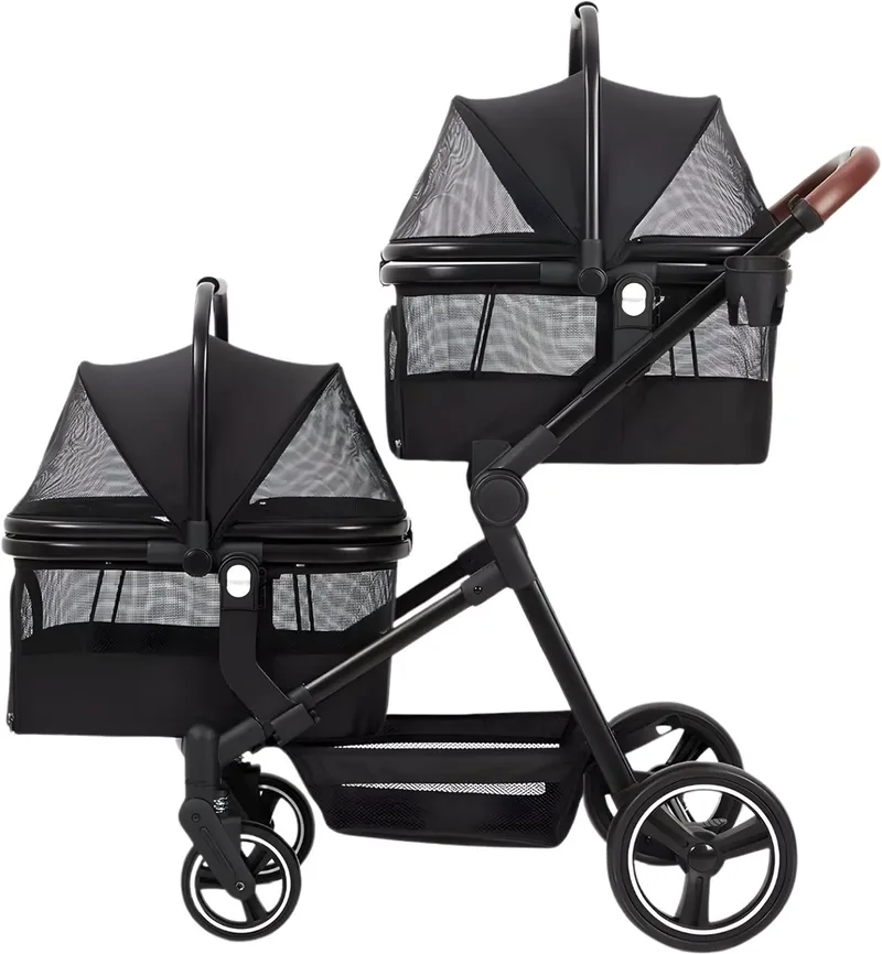 Hondenbuggy 4-Wiel Dubbel - Hondenkar - Opvouwbaar met Opbergmand & Bekerhouder de Happiq en Noir – photo produit