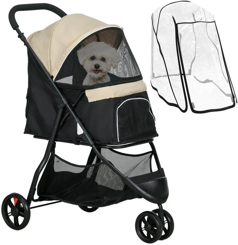 Hondenbuggy – Dierenwagen met Regenhoes voor Kleine Honden & Katten – Donker Khaki von Happiq – Produktfoto