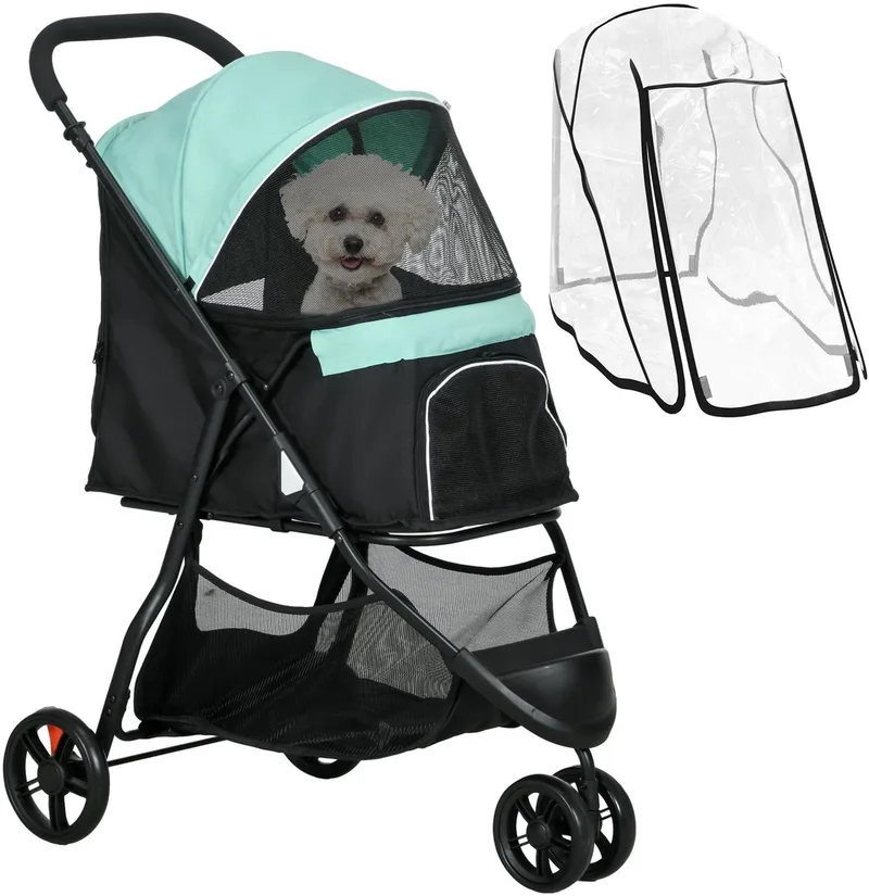 Hondenbuggy – Dierenwagen met Regenhoes voor Kleine Honden & Katten – Lichtgroen by Happiq – product photo
