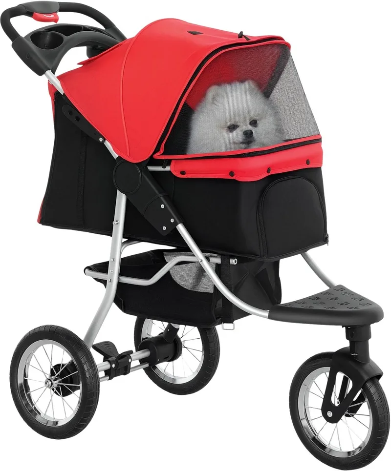 Hondenbuggy – Opvouwbare Huisdierenwagen met 3 Wielen voor Hond & Kat – Rood de Happiq – photo produit