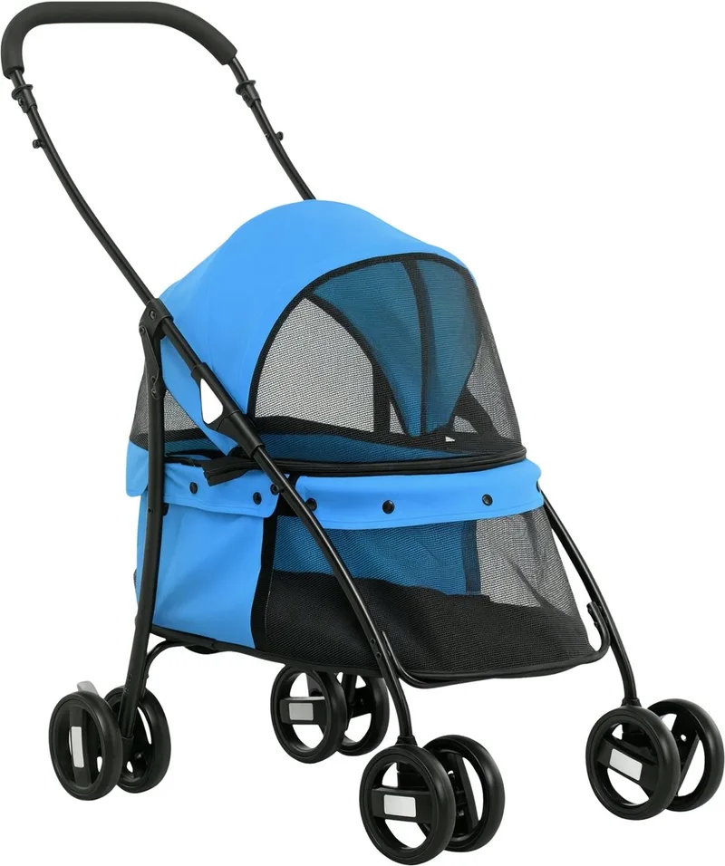Hondenbuggy – Opvouwbare Huisdierenwagen met Mesh Venster & Veiligheidslijnen – Blauw de Happiq – photo produit