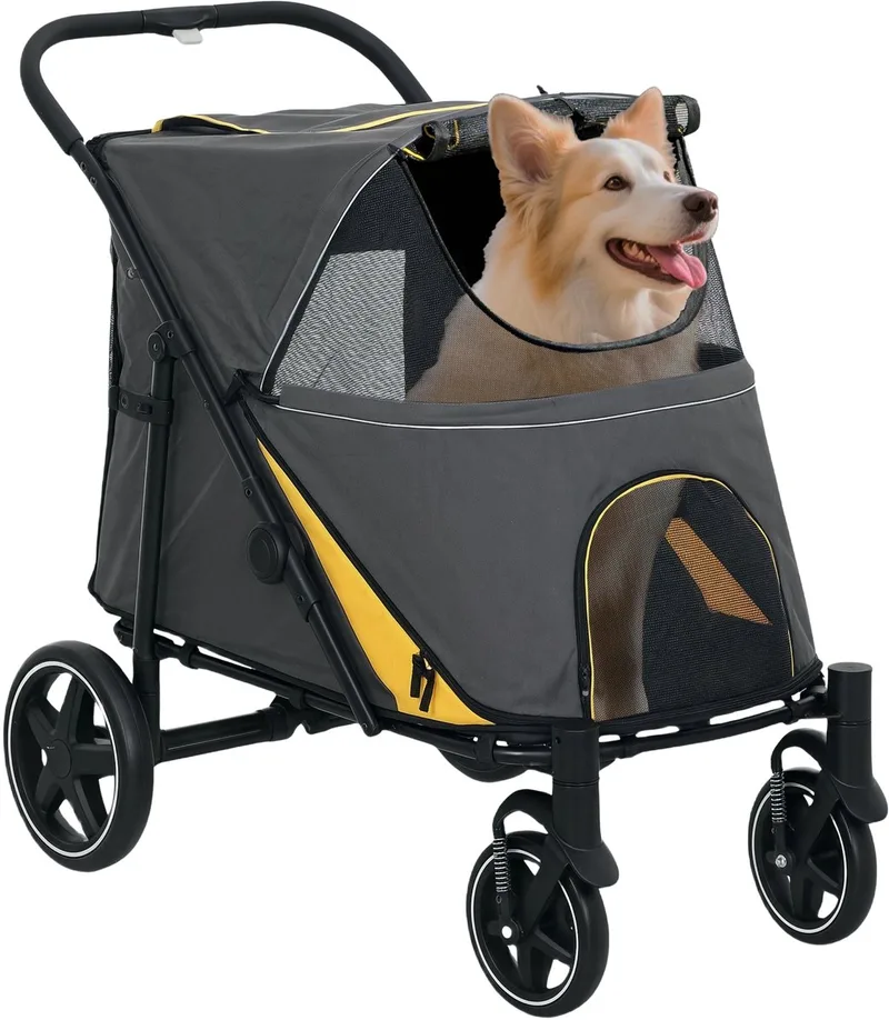 Hondenbuggy – Opvouwbare Wandelwagen met Kussen voor Hond & Kat – Lichtgrijs de Happiq – photo produit