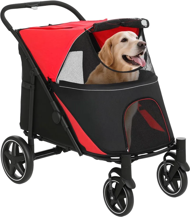 Hondenbuggy – Opvouwbare Wandelwagen met Kussen voor Hond & Kat – Rood by Happiq – product photo