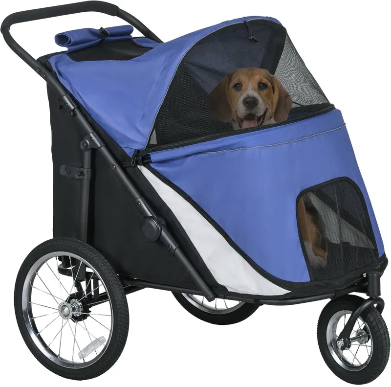 Hondenbuggy – Opvouwbare Wandelwagen met Mesh Vensters voor Honden tot 30 kg – Blauw fra Happiq – produktbillede