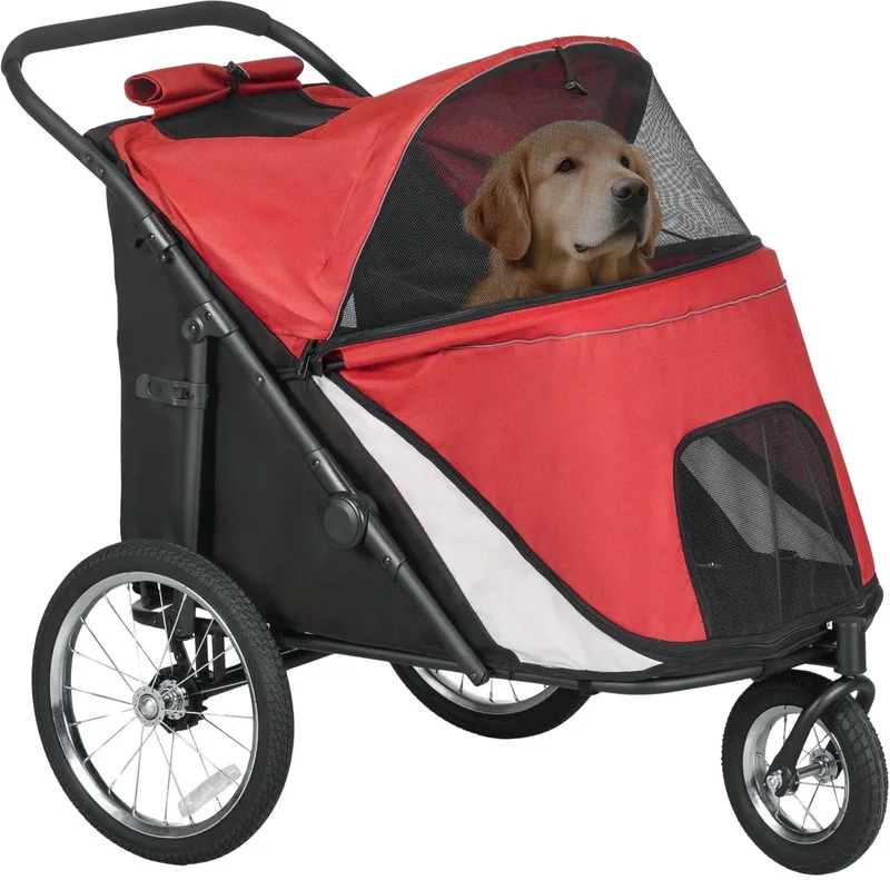 Hondenbuggy – Opvouwbare Wandelwagen met Mesh Vensters voor Honden tot 30 kg – Rood by Happiq – product photo