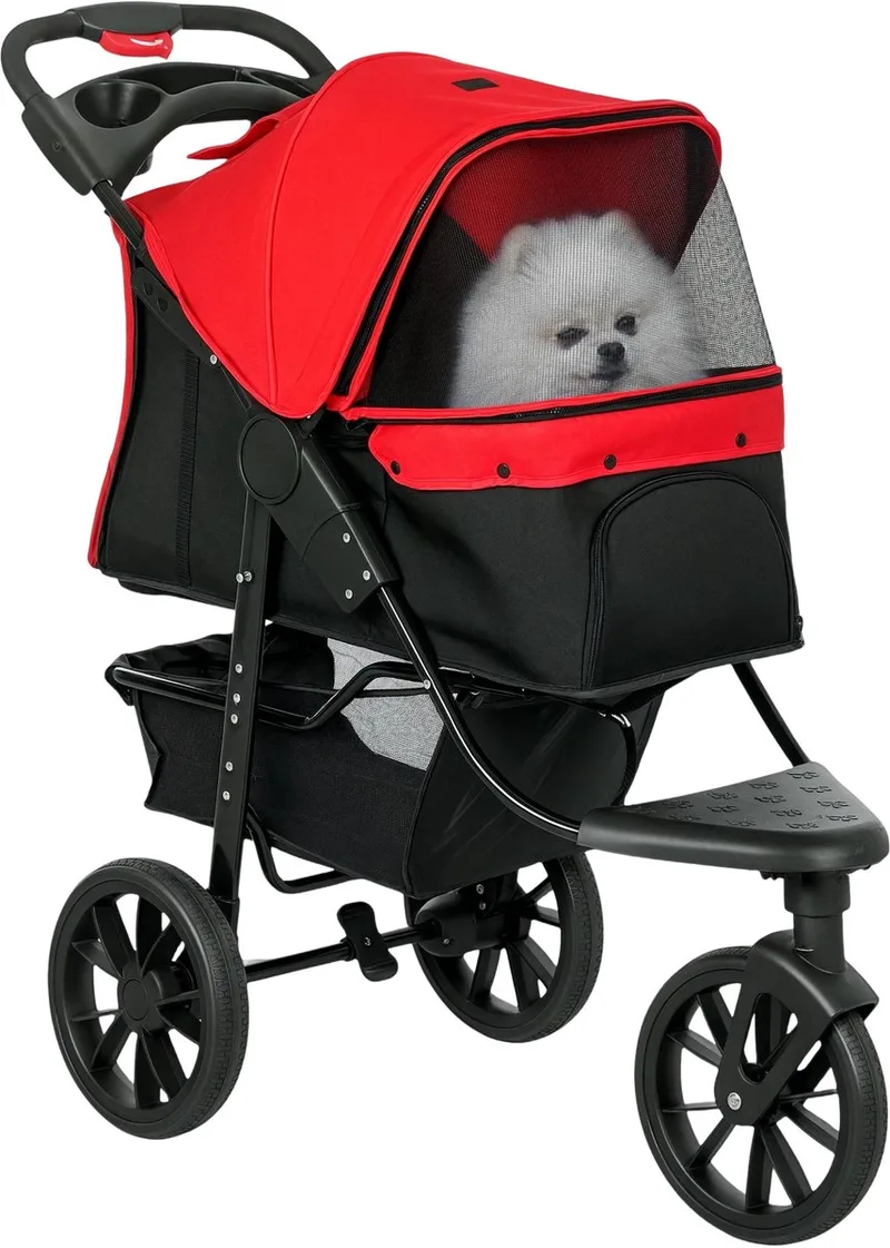 Hondenbuggy – Opvouwbare Wandelwagen tot 10 kg met 3 Wielen, Mesh Vensters & Opbergmand – Rood de Happiq – photo produit
