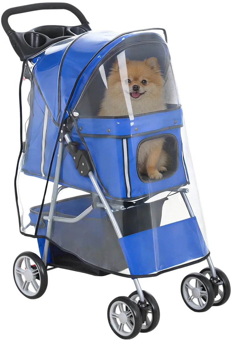 Hondenbuggy – Opvouwbare Wandelwagen voor Hond & Kat tot 10 kg met Regenhoes – Blauw de Happiq – photo produit