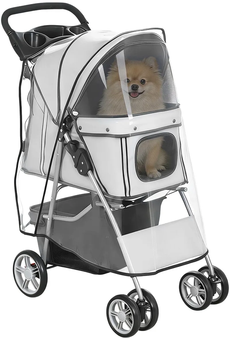 Hondenbuggy – Opvouwbare Wandelwagen voor Hond & Kat tot 10 kg met Regenhoes – Grijs fra Happiq – produktbillede