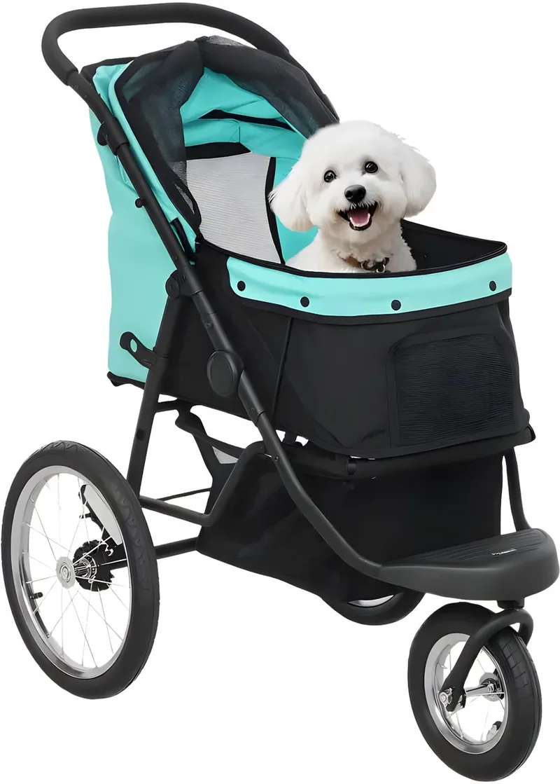 Hondenbuggy – Opvouwbare Wandelwagen voor Kleine Honden tot 10 kg met 3 Grote Rubberen Wielen – Veldgroen/Turquoise fra Happiq – produktbillede
