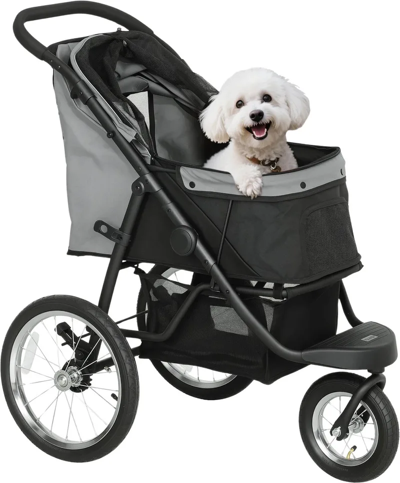 Hondenbuggy – Opvouwbare Wandelwagen voor Kleine Honden tot 10 kg met 3 Grote Rubberen Wielen – Lichtgrijs von Happiq – Produktfoto