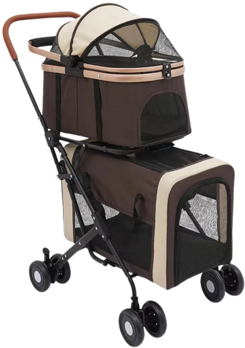 Hondenbuggy – Voor 2 kleine tot middelgrote huisdieren – Inklapbare dubbele reisbuggy met afneembare draagmanden de Happiq en Koffiekleur – photo produit