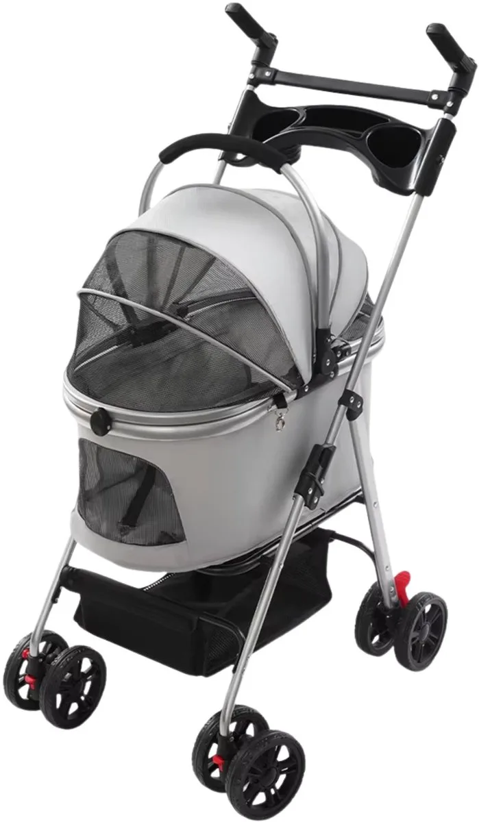 Hondenbuggy – Voor kleine honden en katten – Afneembare en opvouwbare reisbuggy – Grijs von Happiq – Produktfoto