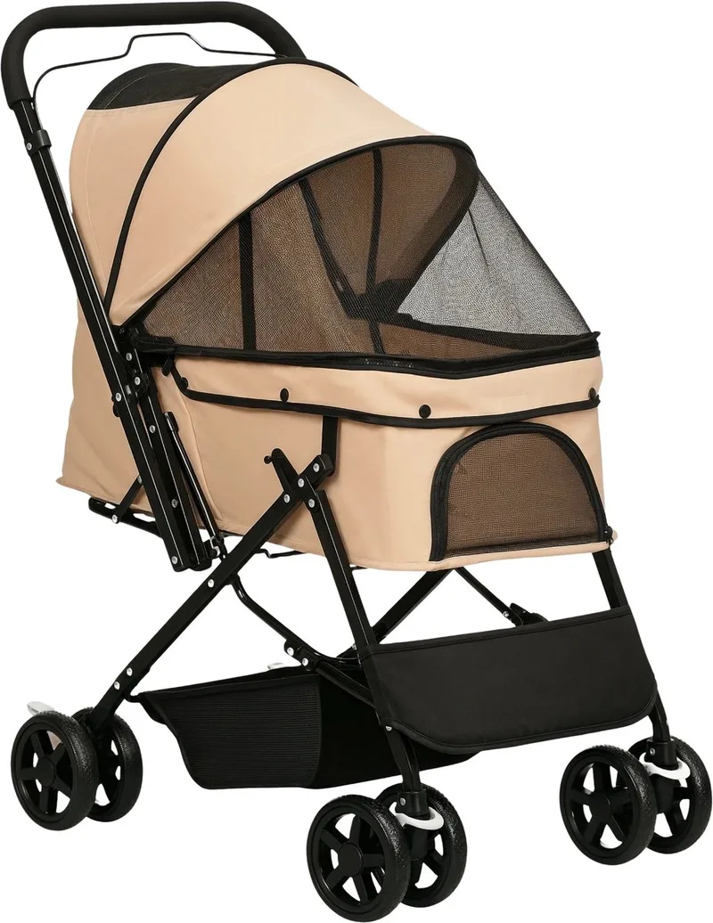 Hondenbuggy – Wandelwagen voor Kleine Honden & Katten van Oxford Stof – Lichtbruin från Happiq – produktbild