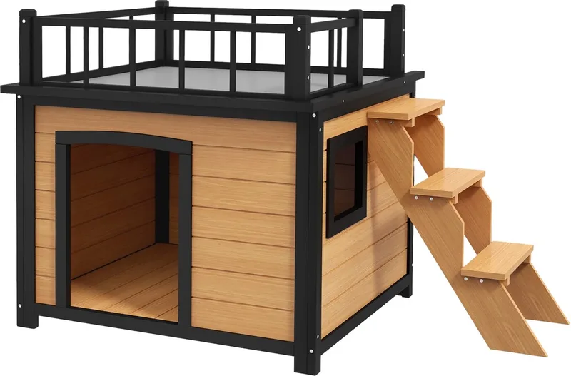 Hondenhok met Balkon – Verhoogd Hondenhuis met Trap, Raam & Dog Cave voor Kleine en Middelgrote Honden – Geel by Happiq – product photo