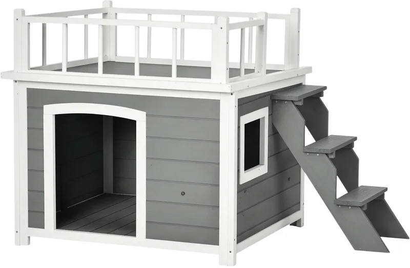 Hondenhok met Balkon – Verhoogd Hondenhuis met Trap, Raam & Dog Cave voor Middelgrote en Grote Honden – Lichtgrijs by Happiq – product photo