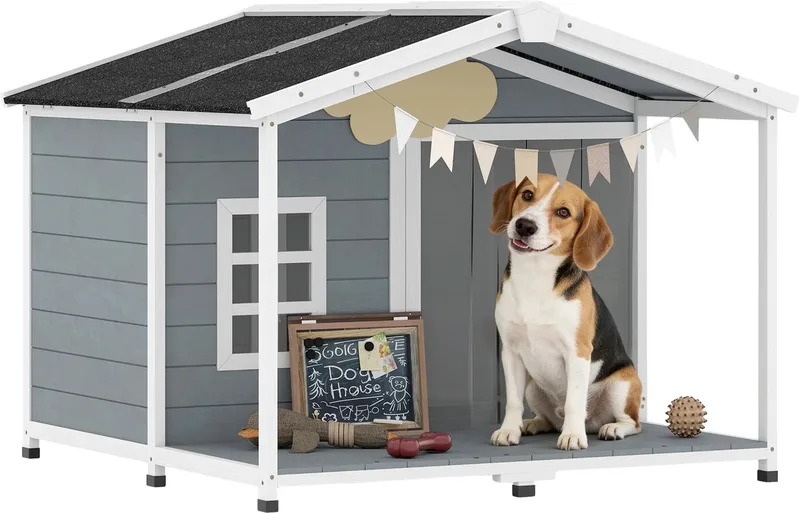Hondenhok – Weerbestendig Verhoogd Houten Hondenhuis met Asfaltdak & Terras – Grijs by Happiq – product photo