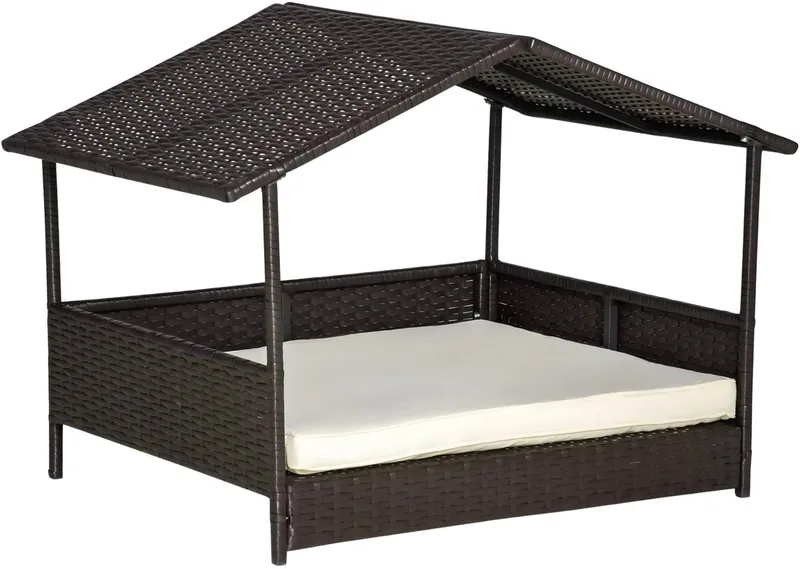 Hondenhuis met kussen - 98x69x73 cm - Voor Honden - PP Rotan - Hondenbench (Binnen & Buiten) - Bench de Happiq en Koffiebruin – photo produit