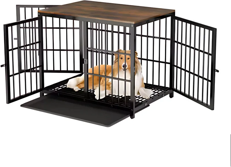 Hondenkennel Valora - Zware Hondenkennel - Voor Huisdieren - Metalen Hondenkrat met Houten Meubelstijl - Hondenbench - 91cm by Happiq in Black – product photo