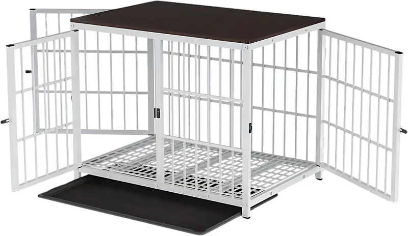 Hondenkennel Vaylen - Zware Hondenkennel - Voor Huisdieren - Metalen Hondenkrat met Houten Meubelstijl - Hondenbench - 79cm by Happiq in White – product photo