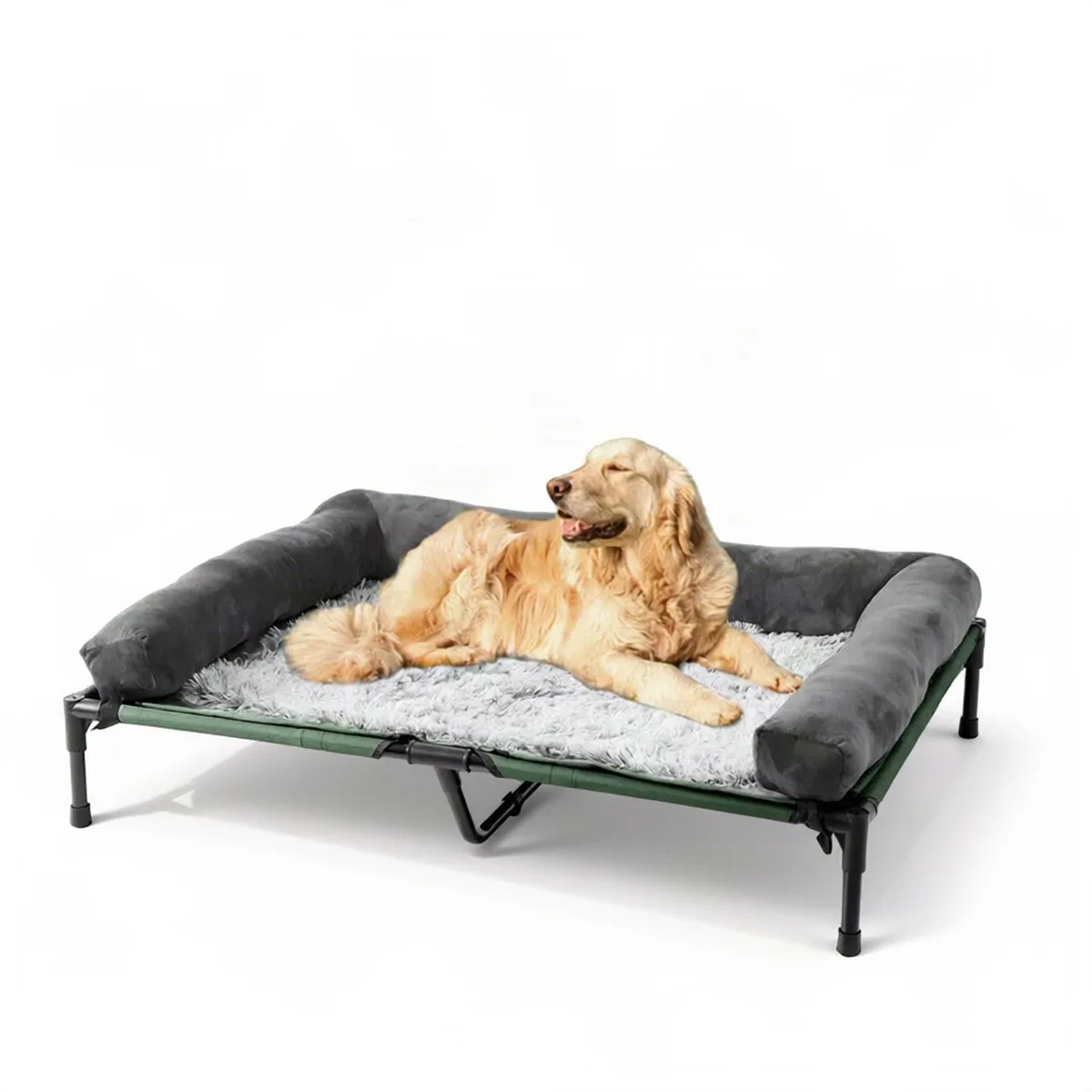Hondenmand - Voor Honden en Katten Binnen Buiten - Verhoogd Ligbed met Afneembare Pluche Bolster Koeling - L 90x70x28cm de Happiq – photo produit