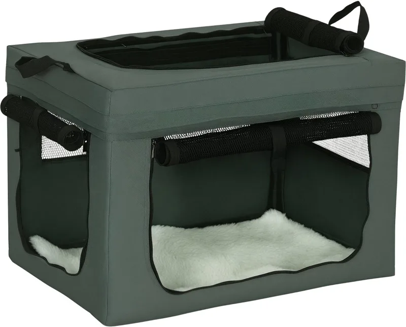 Hondentas / Transportbox – Draagtas met Gaasvenster & Kussen voor Hond en Kat – Grijs de Happiq – photo produit