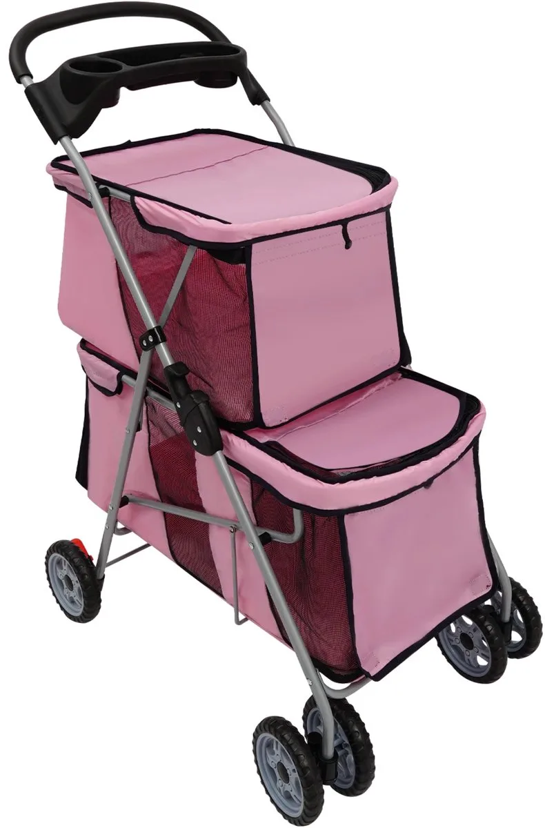 Hondenwandelwagen - Kinderwagen - Hondenbuggy - Voor kleine en middelgrote honden en katten - Dubbeldek - Opvouwbaar fra Happiq i Lyserød – produktbillede