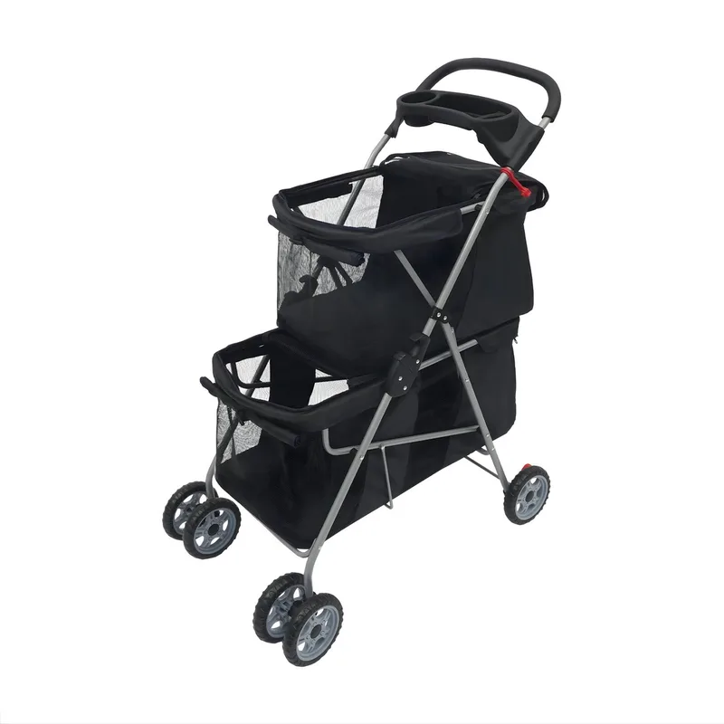 Hondenwandelwagen - Kinderwagen - Hondenbuggy - Voor kleine en middelgrote honden en katten - Dubbeldek - Opvouwbaar - Zwart de Happiq en Rose – photo produit