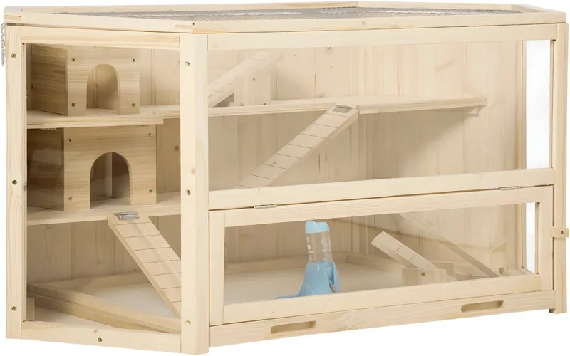 Houten Hamsterkooi – 3 Laags Nagarium voor Knaagdieren – Kleine Dierenkooi met Klepdeksel, Kijkvenster, Ramp en Voerbak – Natuurlijke Houtkleur från Happiq – produktbild