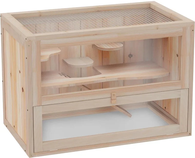 Houten Hamsterkooi voor Dwerghamsters – Nagarium met Gaasdak & Loopplank – Naturel Hout de Happiq – photo produit