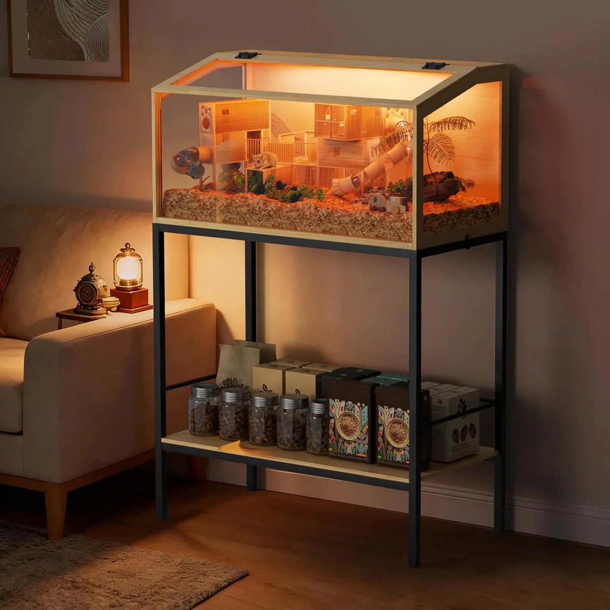 Houten hamsterkooi - Voor kleine dieren - Speelhuisje met gehard glas - Donkerbruin by Happiq – product photo
