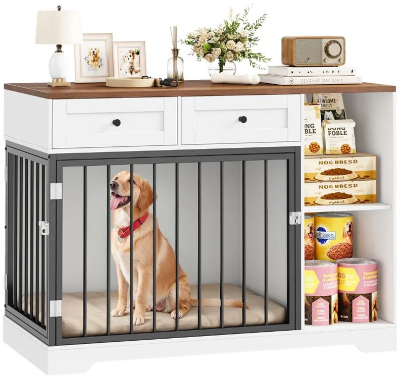 Houten Hondenbench – Voor Indoor Grote Honden – 2-way Deur met 2 Lades & 2 Compartimenten Sideboard – Wit + Bruin 120x87x60 cm de Happiq – photo produit