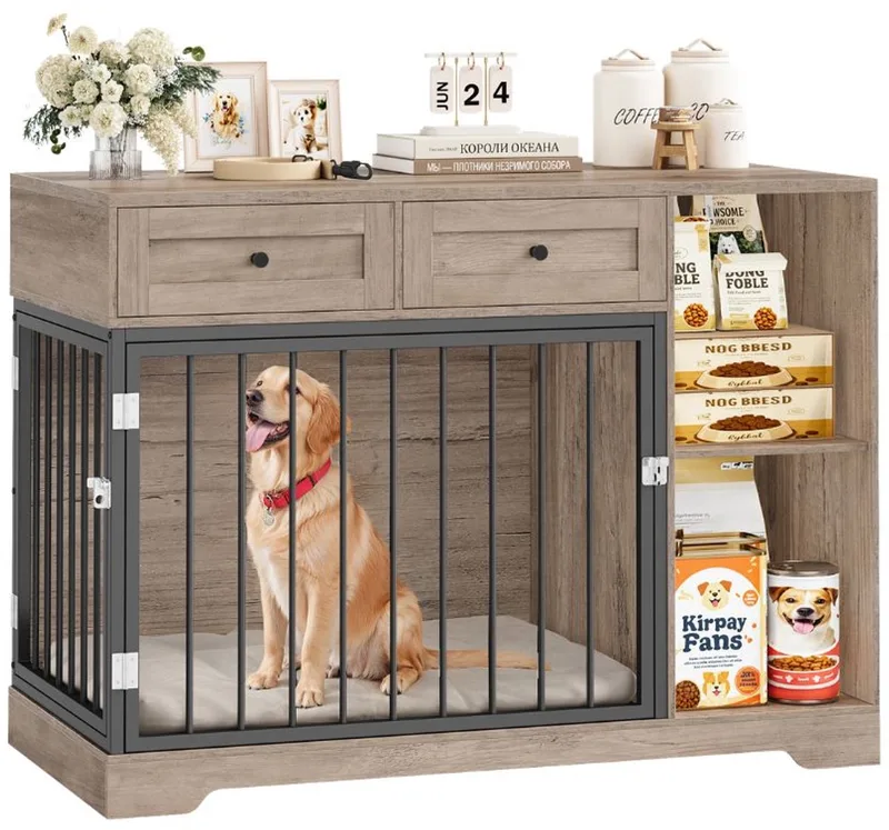 Houten Hondenbench – Voor Indoor Grote Honden – 2-way Deur met 2 Lades & 2 Compartimenten Sideboard – Wit + Bruin 120x87x60 cm de Happiq – photo produit