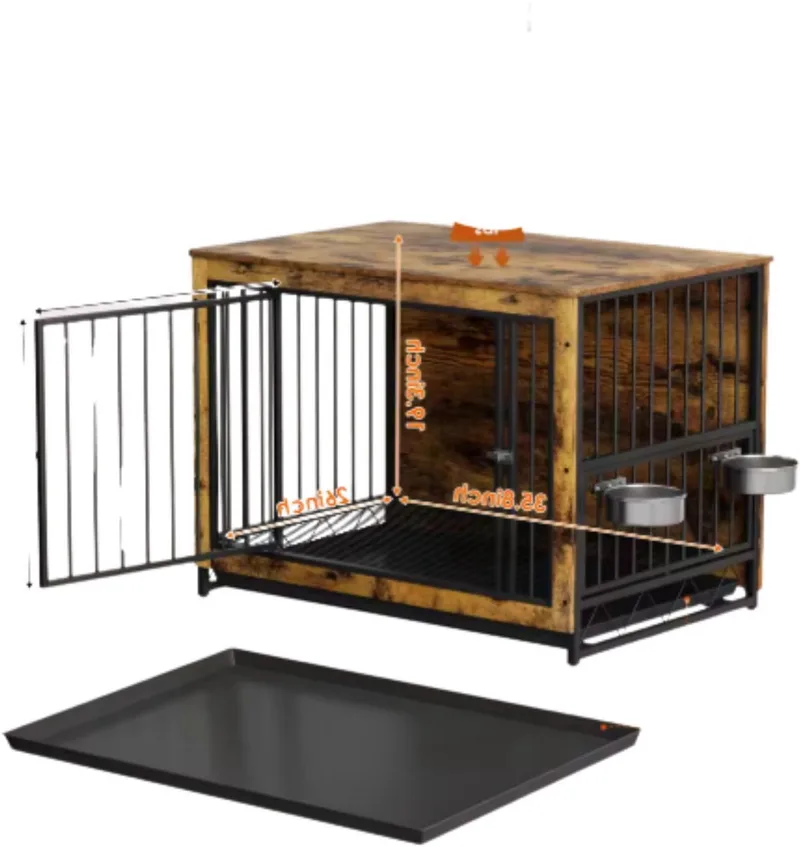 Houten Hondenbenche Valora - Hondenren - Hondenkrat Bijzettafel met Afneembare Kommen en Dienblad - Dubbele Deuren Hondenkennel voor Middelgrote Honden Binnen - 100 x 68 x 64 cm von Happiq in Grau – Produktfoto