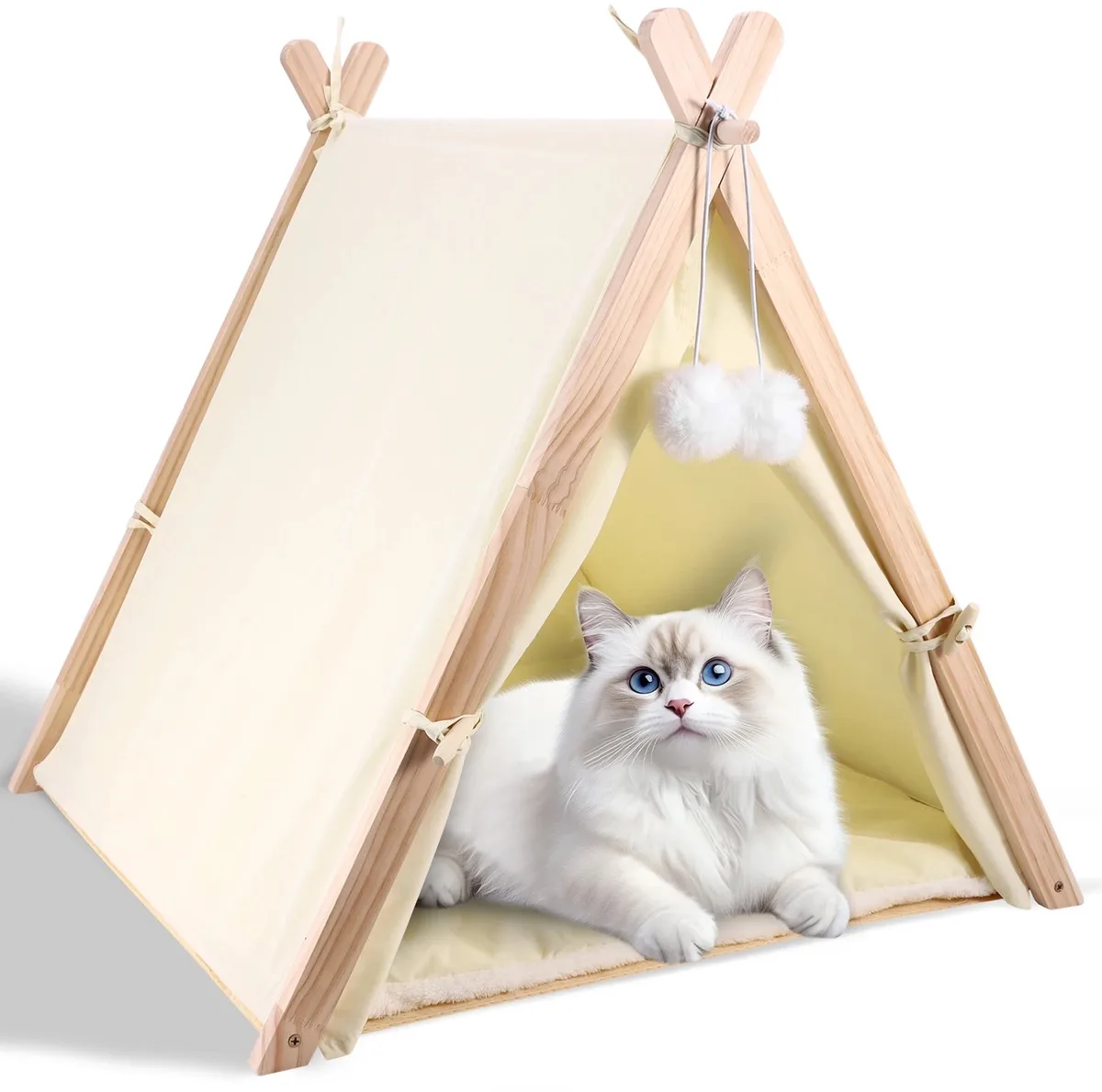 Houten huisdierenhuisje - Voor katten en honden - Driehoekig met zacht kussen - Beige by Happiq – product photo