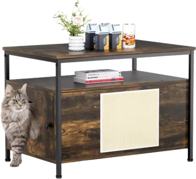 Houten Kattenbak Tavien - Verborgen Kattenbak Meubilair met Plank - Opbergkast voor Binnen - Huisdier Krat en Bijzettafel - Voor huisdieren by Happiq in Brown – product photo