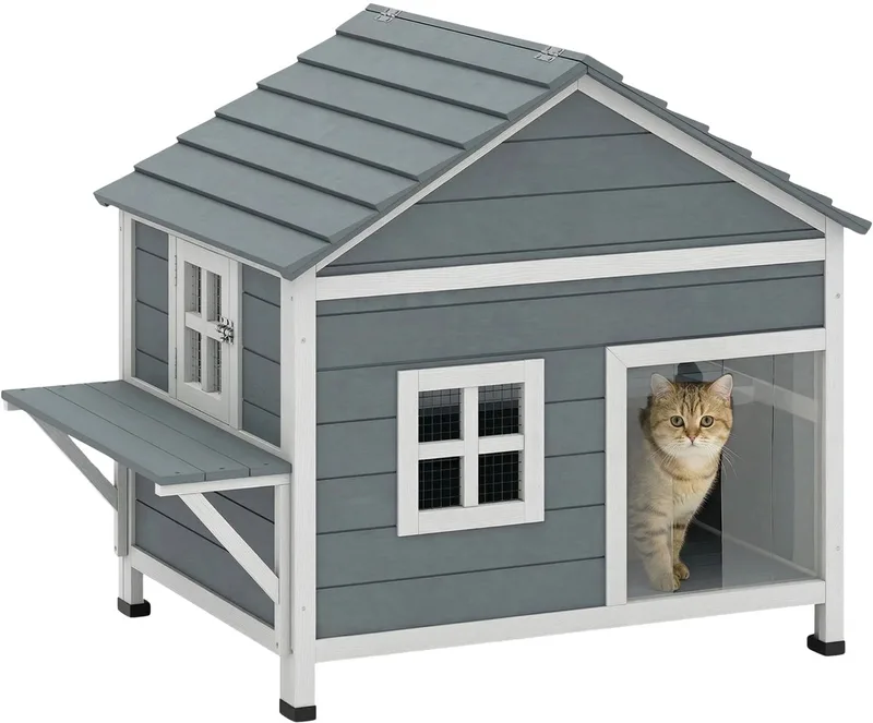 Houten Kattenhuis 2 Verdiepingen – Katten Cave met Waterdicht Opklapbaar Dak – Grijs de Happiq – photo produit