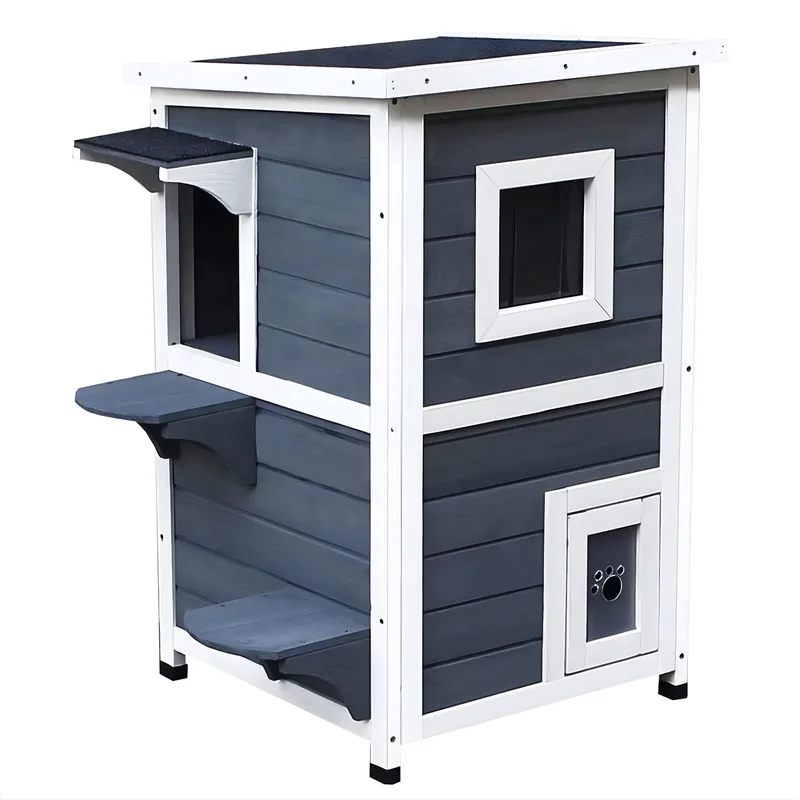 Houten Kattenhuis Buiten 51×51×81 cm - Voor Katten - Met Openklapbaar Dak & Weerbestendig Ontwerp - Grijs Hout (PawHut) by Happiq – product photo