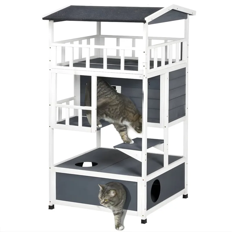 Houten Kattenhuis Buiten 75,5×75×137 cm - Voor Katten - Met Weerbestendig Grijs Asfaltdak - Hout (PawHut) by Happiq in White – product photo