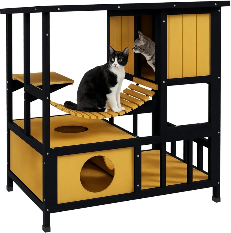 Houten Kattenhuis – Katten Cave met Hangbrug voor Katten tot 5 kg – Zwart/Geel by Happiq – product photo