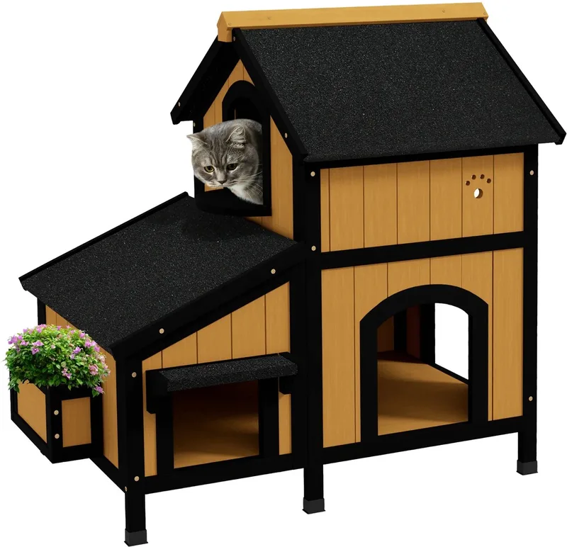 Houten Kattenhuis – Outdoor Katten Cave & Schuilhuis voor Kleine Dieren – Geel by Happiq – product photo