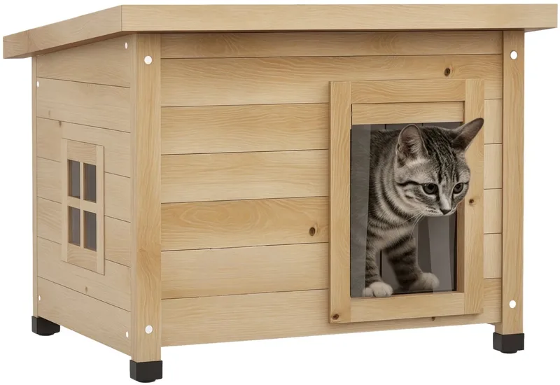 Houten Kattenhuis – Outdoor Kattenhut met Deurgordijn – Geel by Happiq – product photo