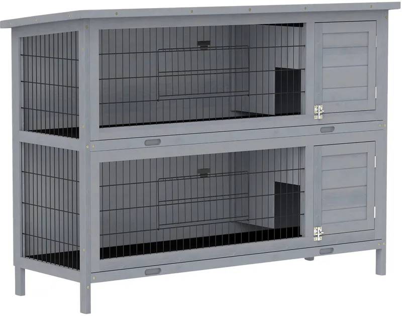 Houten Konijnenhok met 2 Verdiepingen – Uitschuifbare Bodemlade & Asfaltdak – Grijs von Happiq – Produktfoto