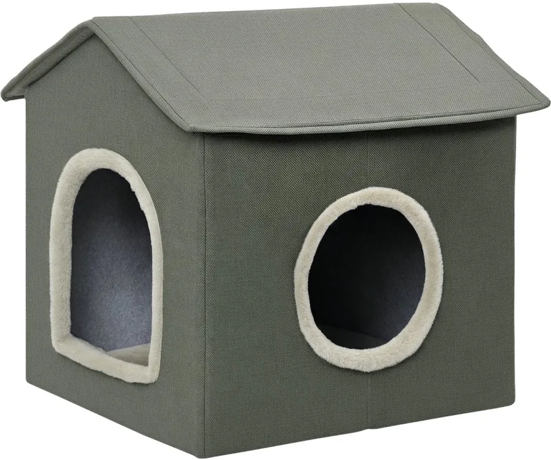 Katten Cave met 2 Deuren – Kattenhuis met Kussen – Grijs/Groen de Happiq – photo produit