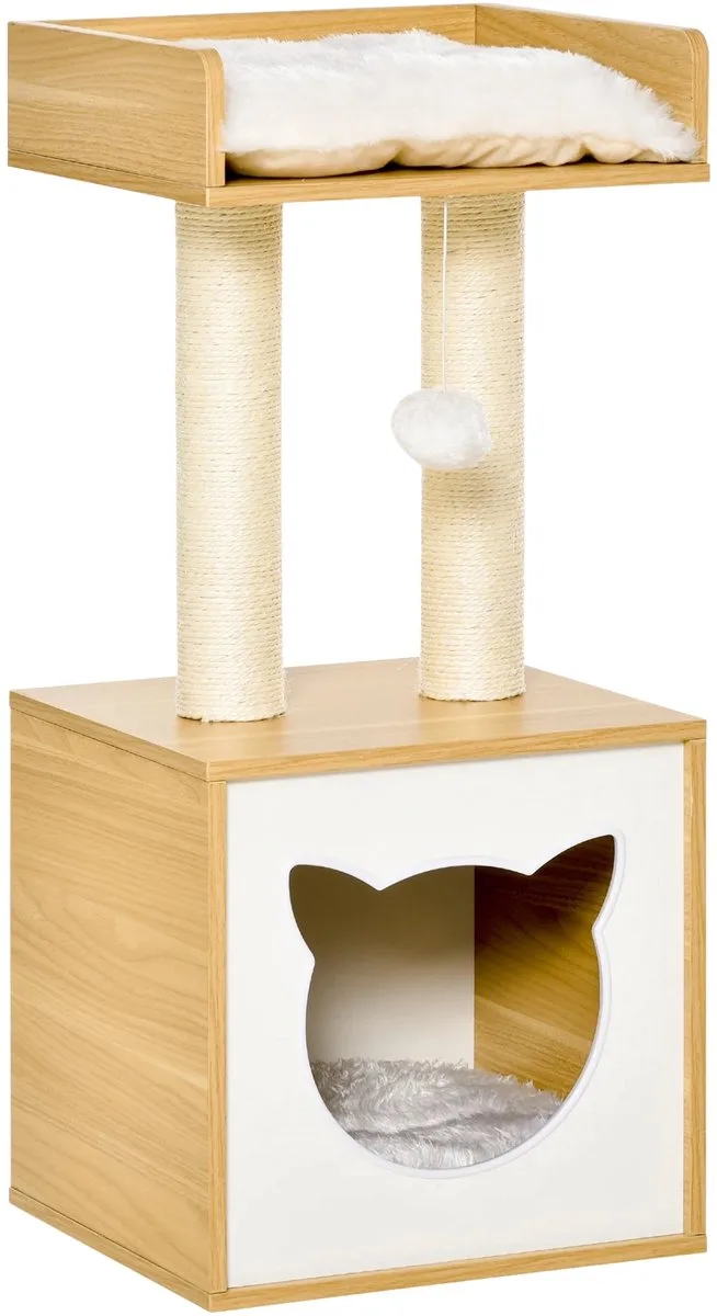 Katten Cave met 2 Zachte Kussens – Kattenhuis & Krabpaal van Sisal – Eiken by Happiq – product photo