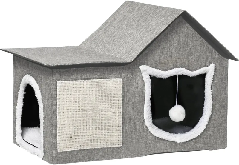 Katten Cave met Krabpaal – Kattenhuis met Dubbele Deuren & Speelbal – Polyester – Grijs de Happiq – photo produit