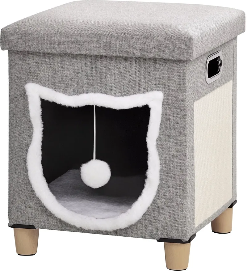 Katten Cave met Kussen – Kattenhuis met Hocker & Speelbal – Polyester – Grijs by Happiq – product photo
